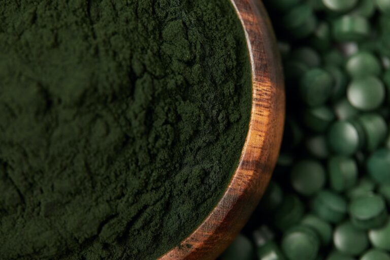 selective focus of spirulina pills and spirulina powder in bowl